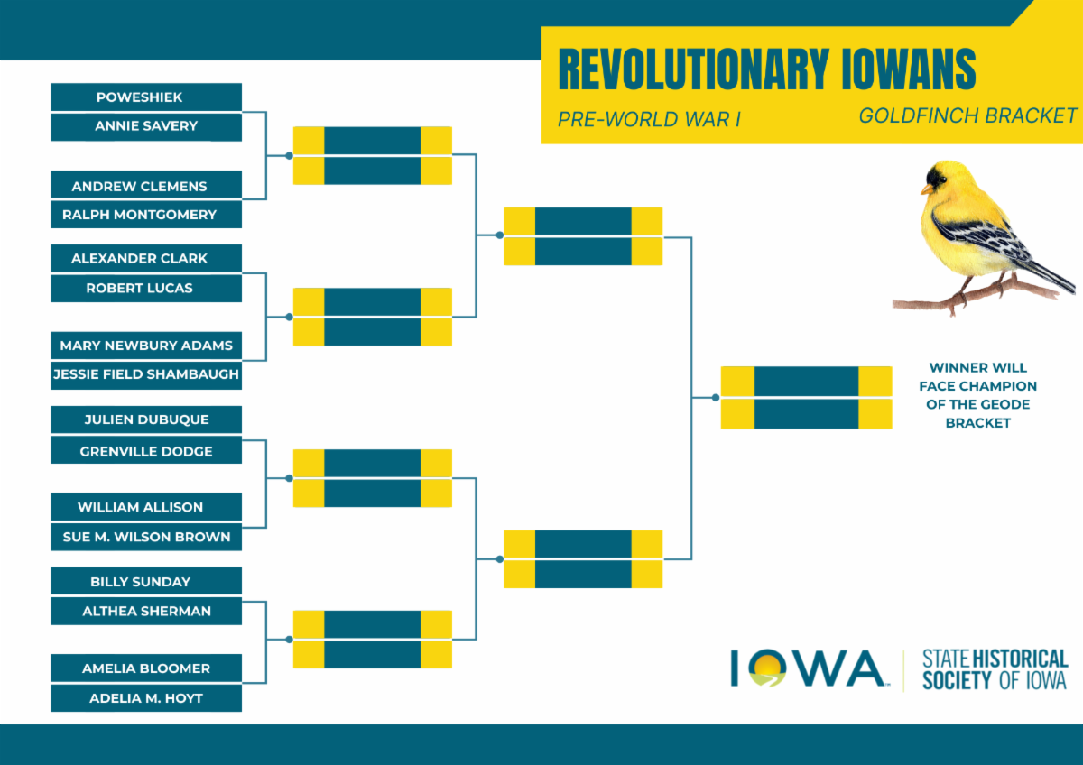 The Goldfinch Bracket featuring 16 revolutionary Iowans from before 1920.
