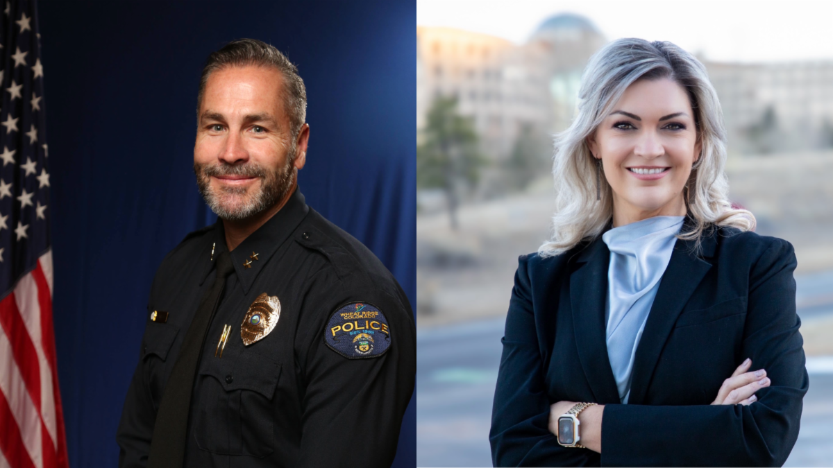 A dyptich of two people, one man in a police uniform and a woman in a suit