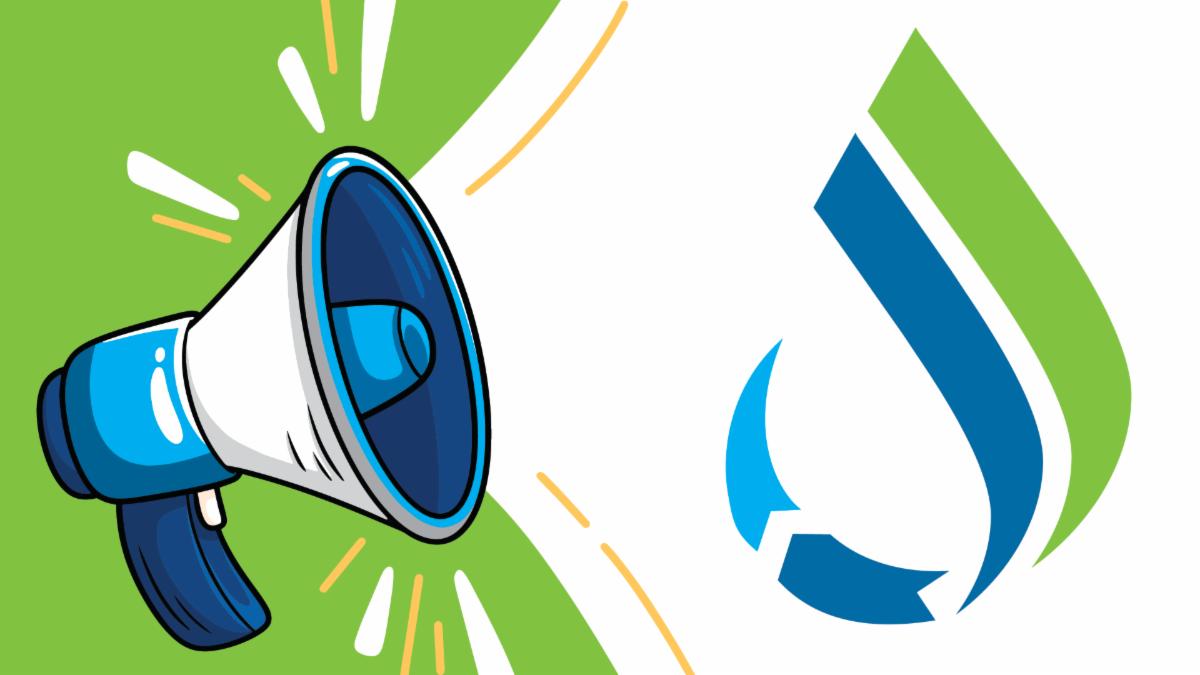 Blue and white megaphone with Pure Water Los Angeles water drop icon featuring blue and green colors. 