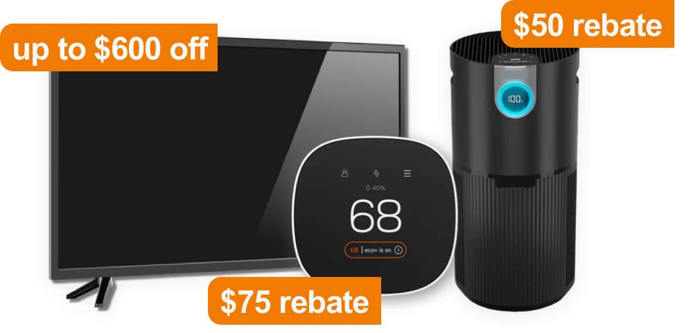 Black TV thermostat and air purifier with discount information in orange text boxes with white text. 