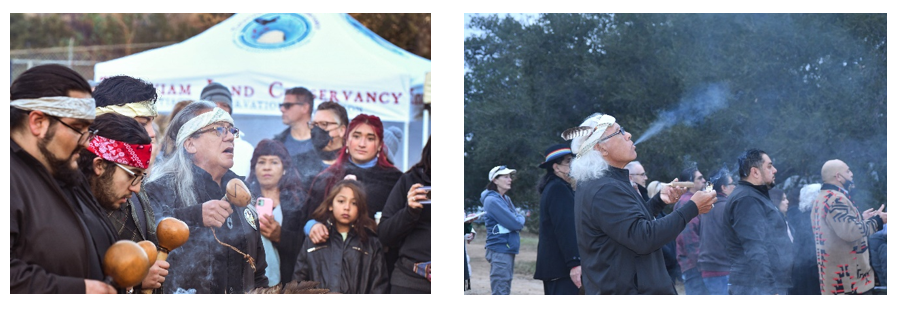Photo collage of tribal members outdoors holding a sacred ceremony.