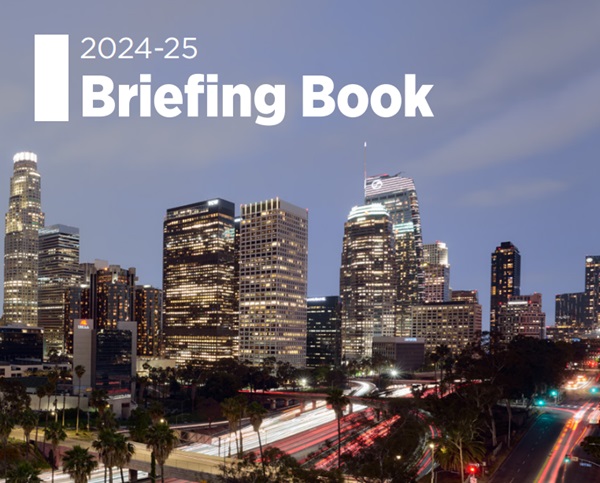 Evening cityscape with white text in the upper left corner that reads, 2024-25 Briefing Book.