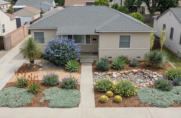 A house with a sustainable front yard, featuring low-water use and native plants.