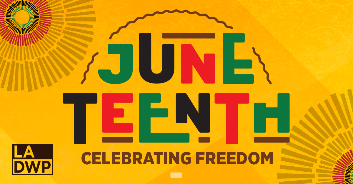 Gold background with green, black, red, and brown text that reads, “Juneteenth Celebrating Freedom.”