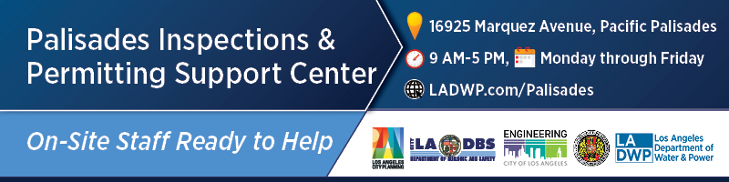 LADWP's blue and white Palisades Inspections and Permitting Support Center banner with city partner's logos