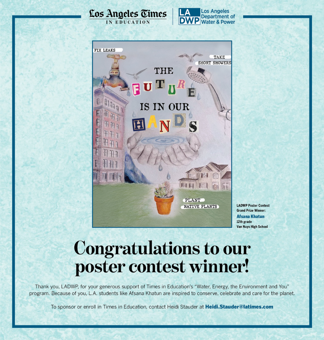 Blue background with black text and poster contest winner image that says “The Future is in our Hands” with a shower head potted plant building sink faucet house and hands holding water