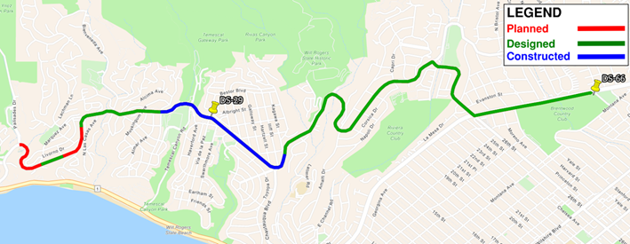 Map of Sunset Blvd. in the Palisades with a legend identifying planned, designed and constructed phases