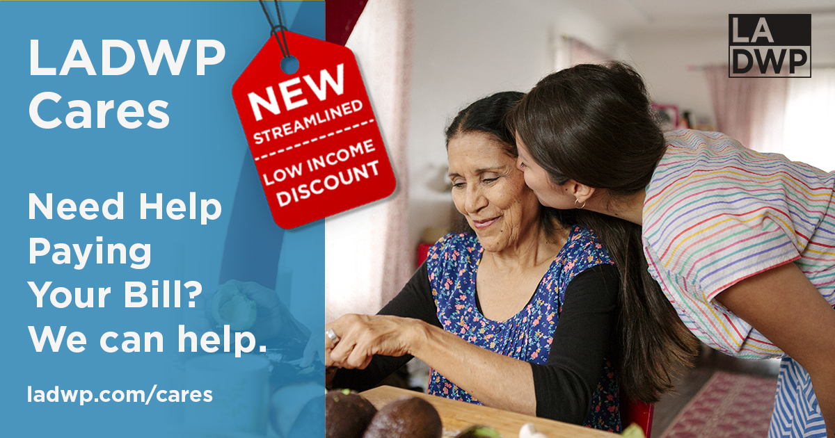Image of a woman kissing her grandmother's cheek with text that reads LADWP Cares need help paying your bill we can help