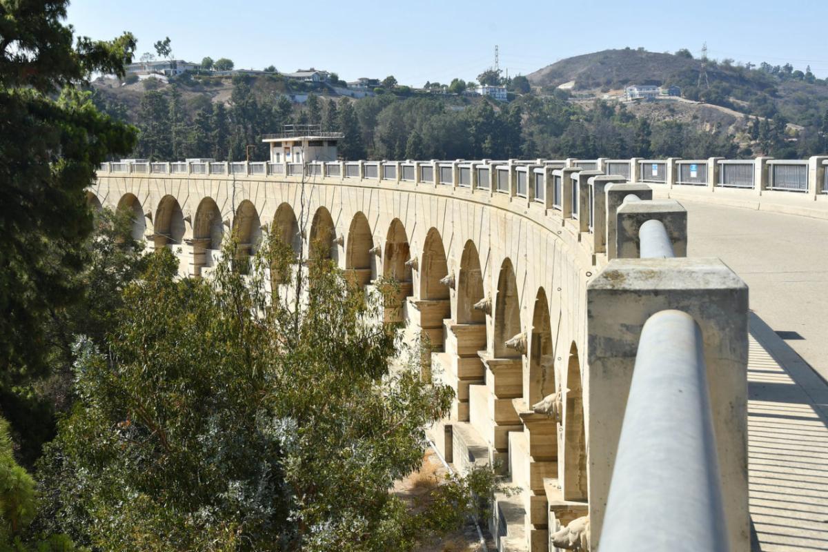 Dam-like structure outdoors with a bridge and trees and houses in the background.