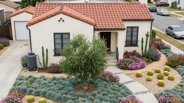A house with a sustainable front yard, featuring low-water use and native plants.