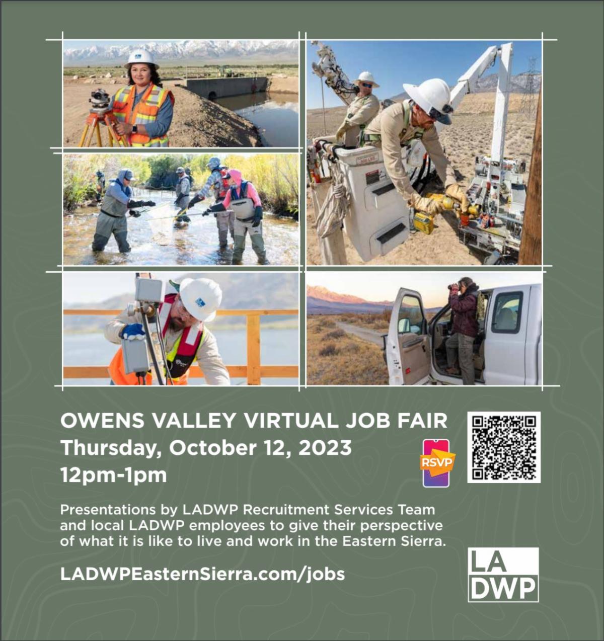 Flyer for an upcoming job fair for job openings in the owens valley area. Images of men and women in various job classifications demonstrating their positions. Text overlay that reads owens valley virtual job fair thursday october 12, 2023 12pm-1pm