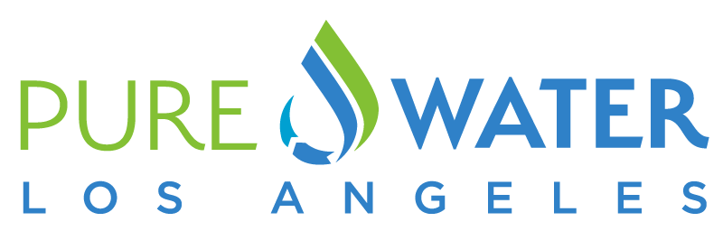 Logo with blue and green text that reads, “Pure Water Los Angeles,” and has a water drop graphic in the middle of the text. 