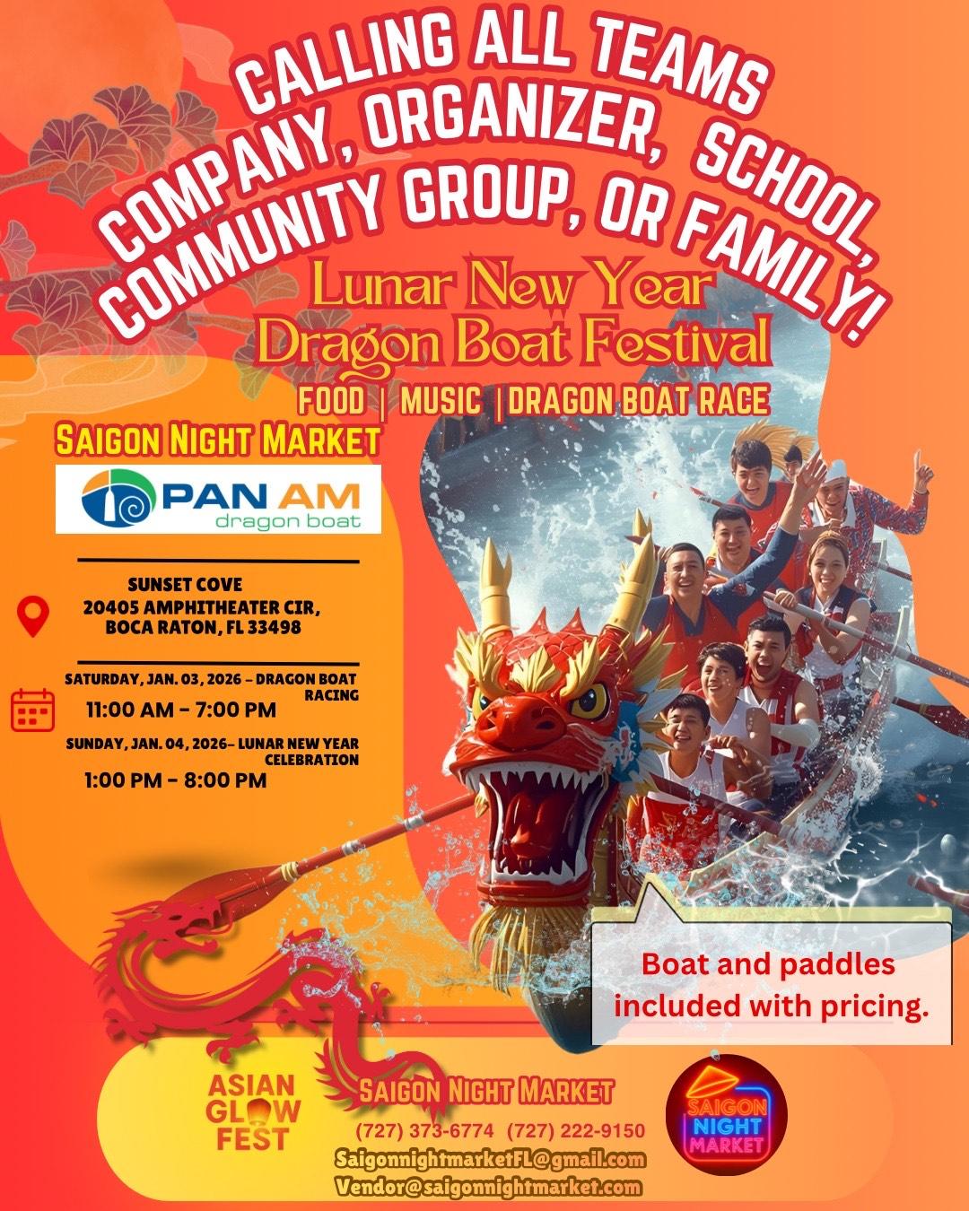 Lunar New Year Dragon Boat Festival Flyer with an image of a family dragon boat racing on the water.