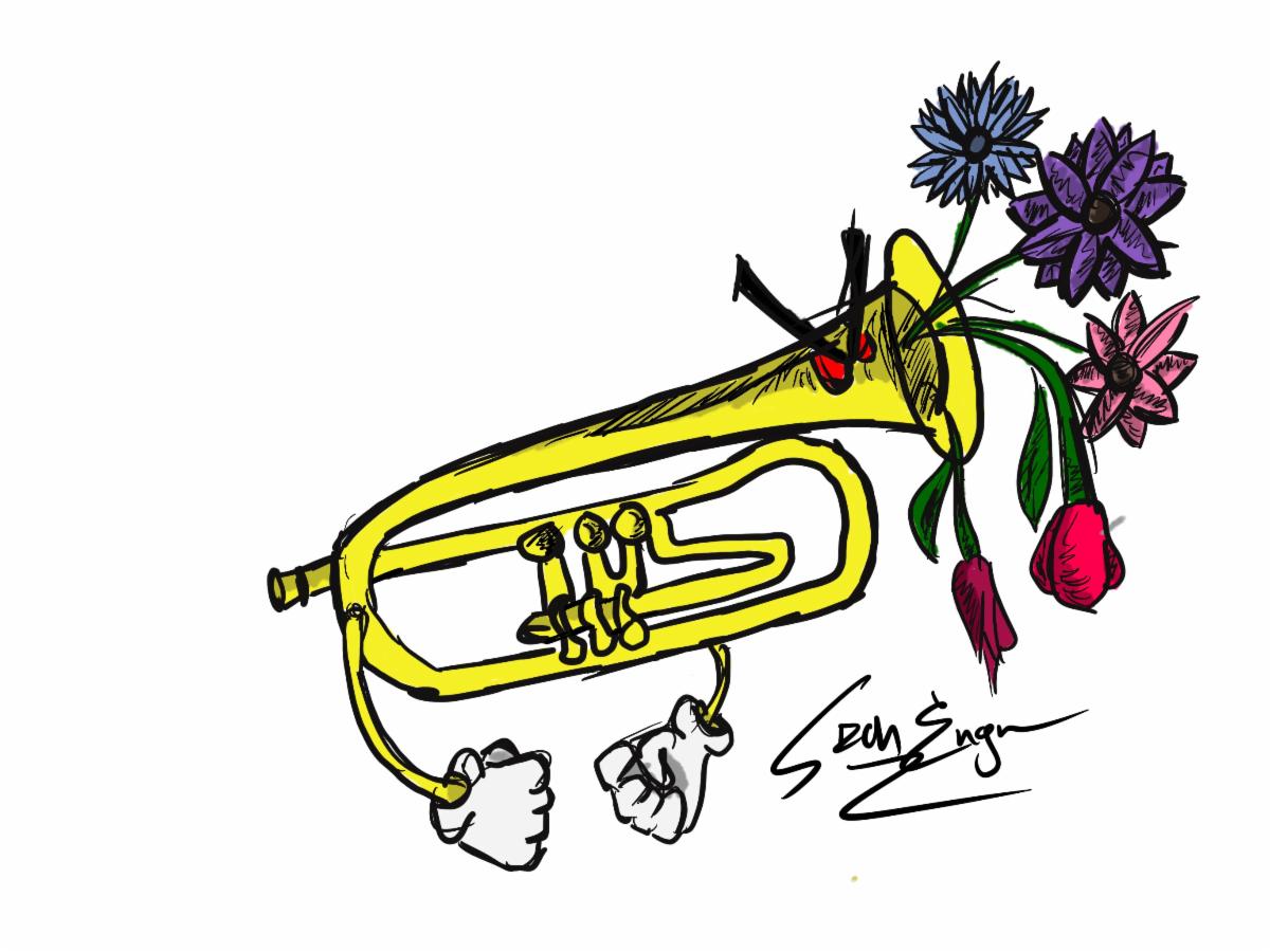 an animated image of a yellow trumpet with hands attached below with white gloves. purple and red flowers pouring out of the trumpets mouth