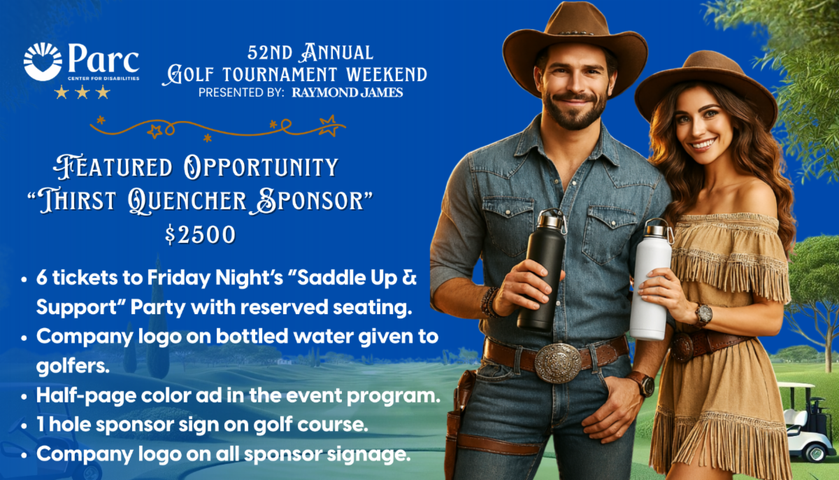 Man and Woman holding water flasks on the golf course with sponsorship details on image in blue background