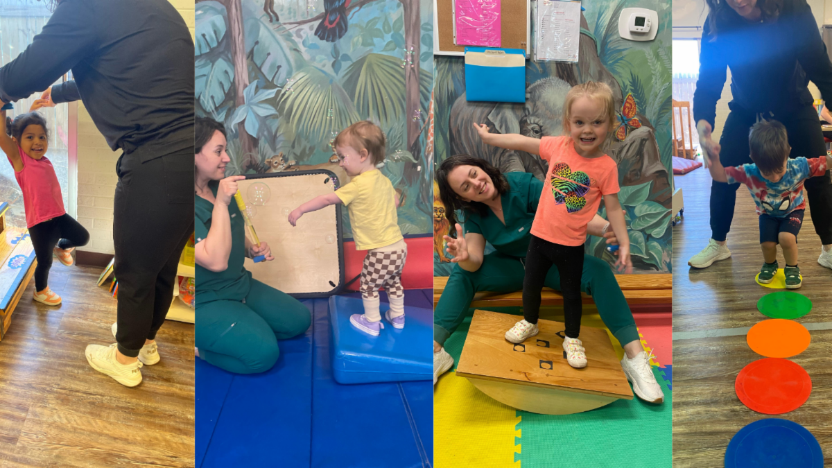 Header image of 4 children learning how to walk with the assistance of our onsite therapists 