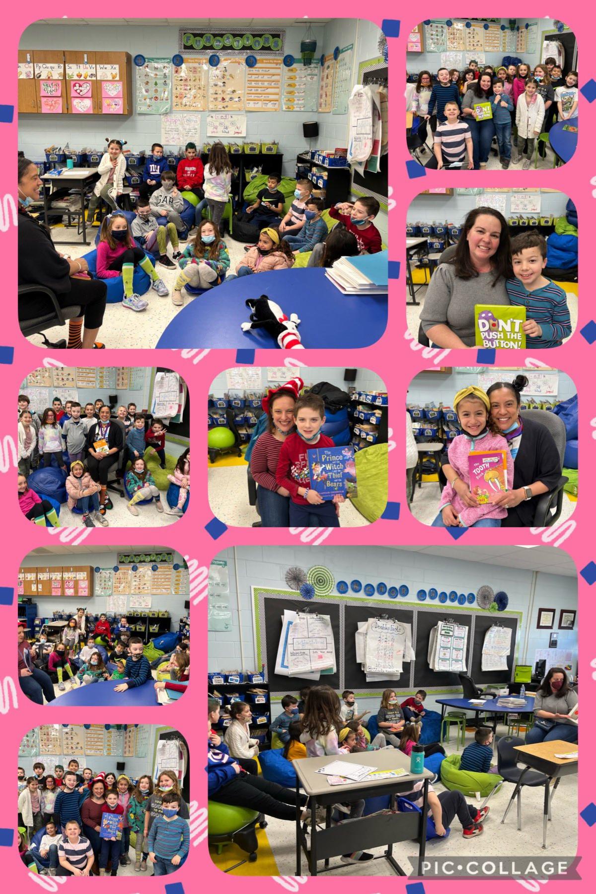 This collage shows images of students reading their favorite books and posing with special guest readers as part of Read Across America Day.