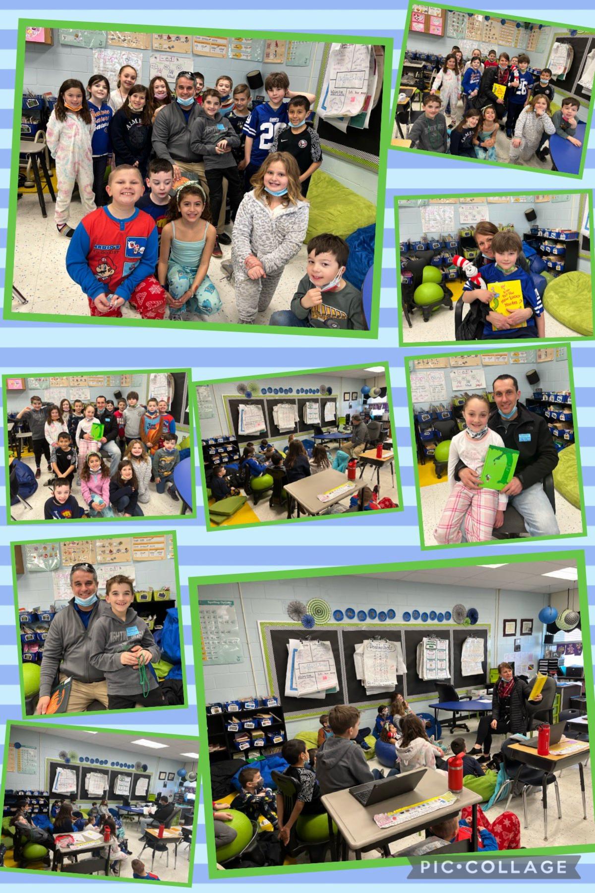 This collage shows images of students reading their favorite books and posing with special guest readers as part of Read Across America Day.