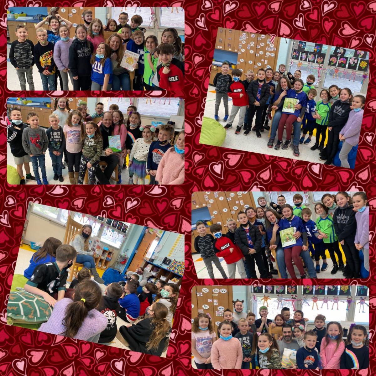 This collage of images shows elementary school students posing with guest readers to celebrate Read Across America Day.