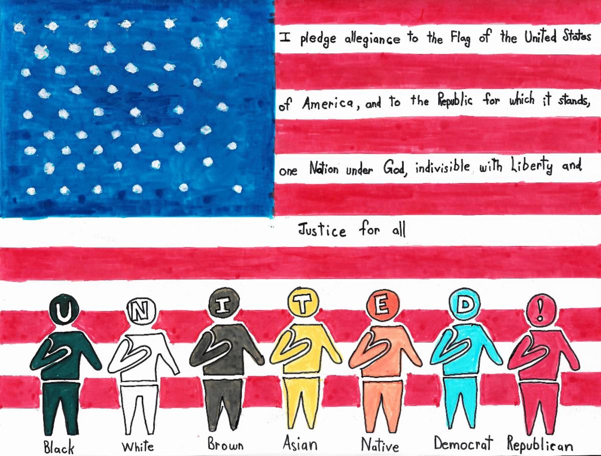 This is Jeff Jiju's interpreation of the American flag. It features the flag with the pledge of allegiance written on the white stripes, and human figures standing at the bottom of the page depicting black, white, brown, asian and native American people.
