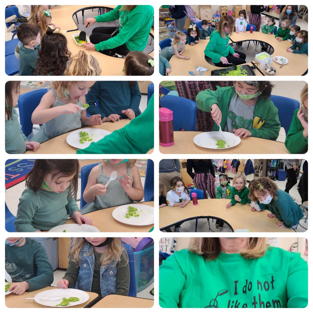 This collage shows images of elementary school students eating green eggs to celebrate Read Across America Day.