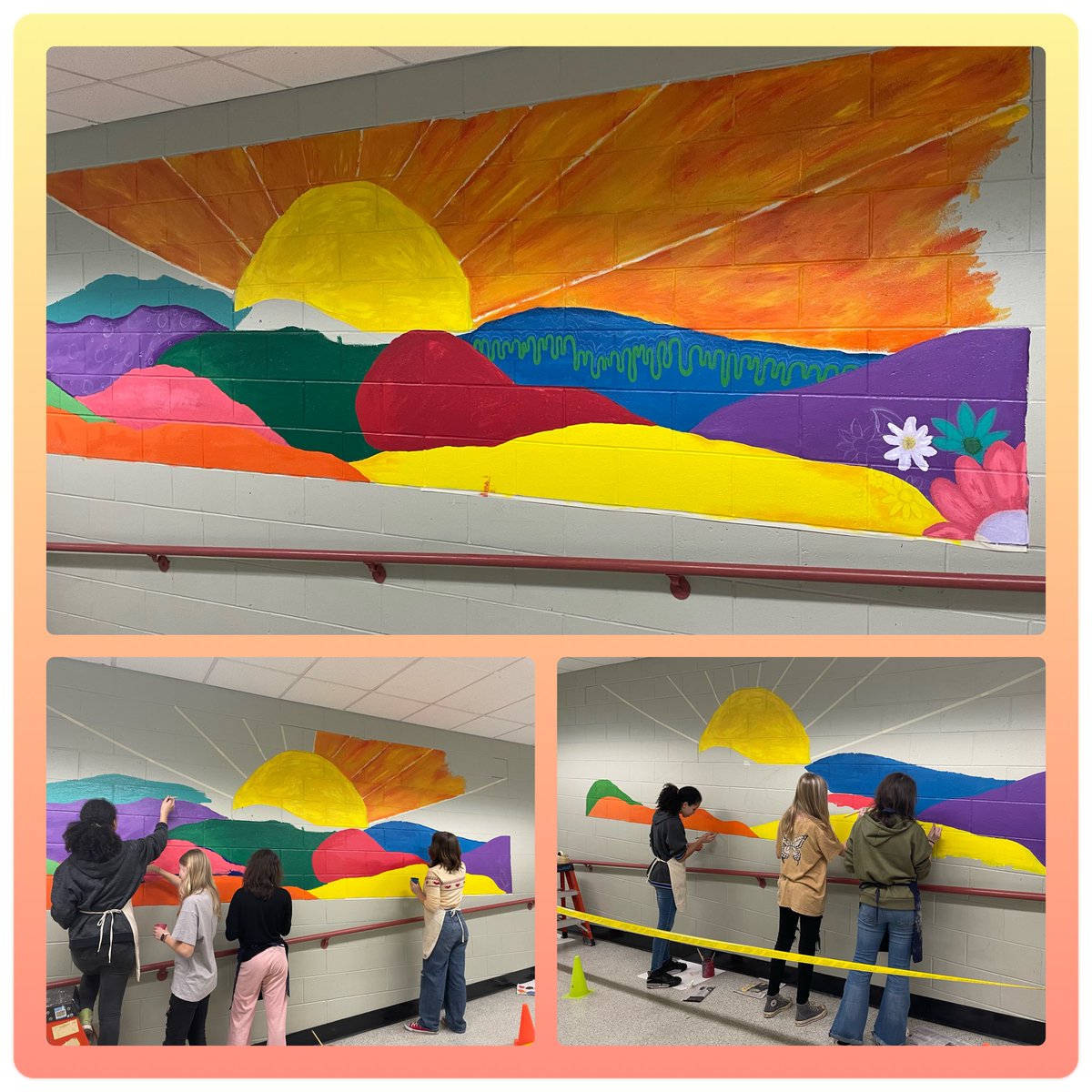 Bayshore students paint a mural on their hallway wall.