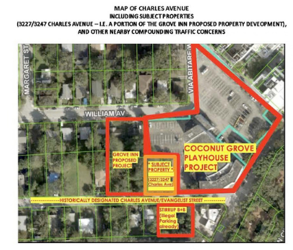 Map of Charles Avenue showing the appealed parking properties at 3227 and 3247 Charles Avenue and nearby construction sites.