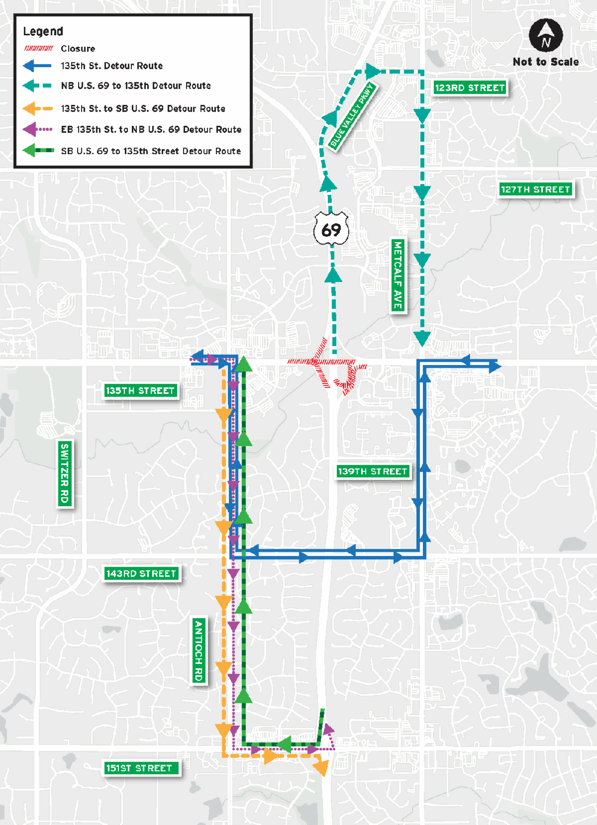 Map of 135th Street closure and marked detour routes.