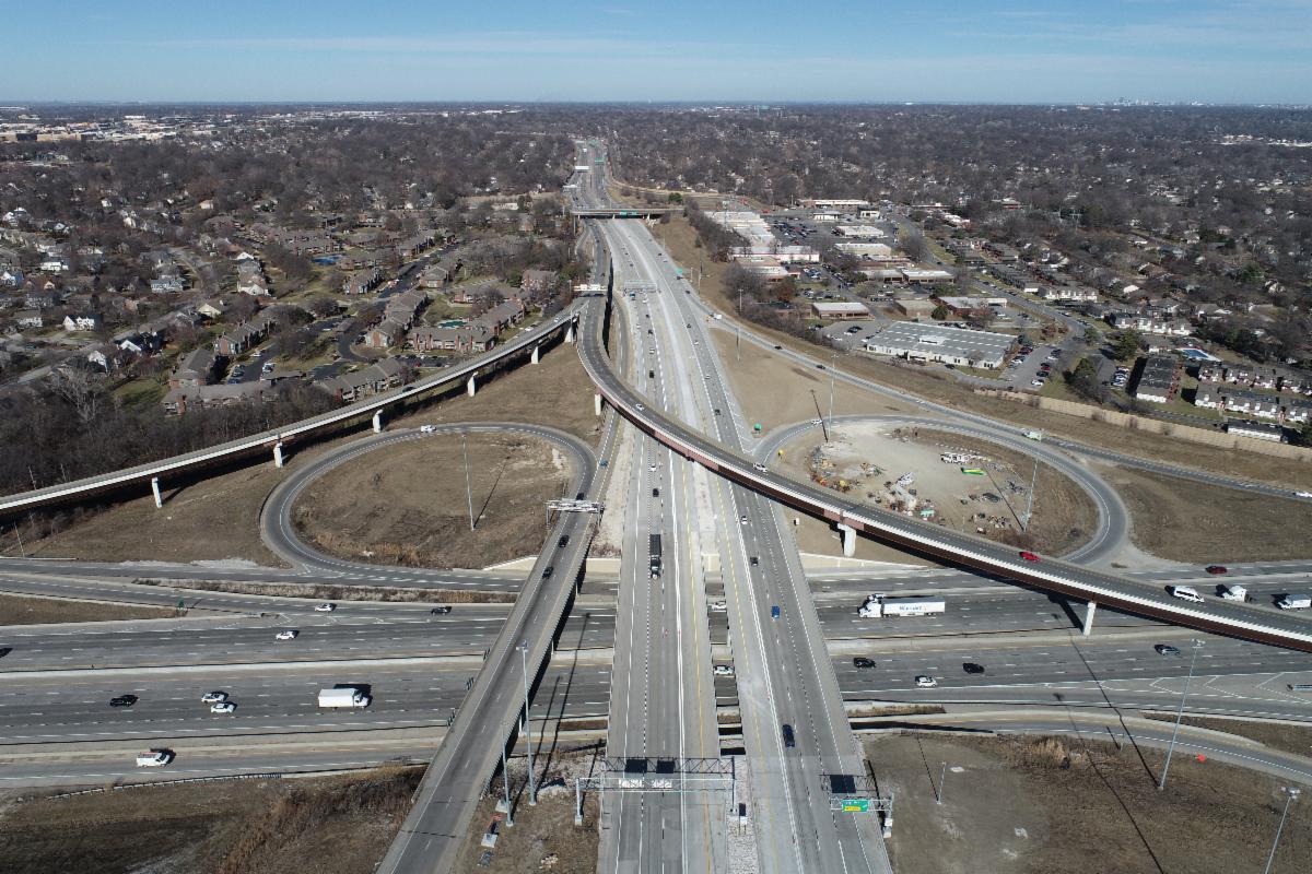 Looking north at the U.S. 69 and I-435 interchange in January 2026.