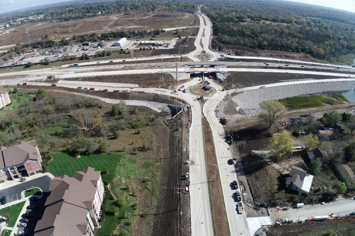 Aerial of construction at 167th Street and U.S. 69 interchange in early November 2025. 