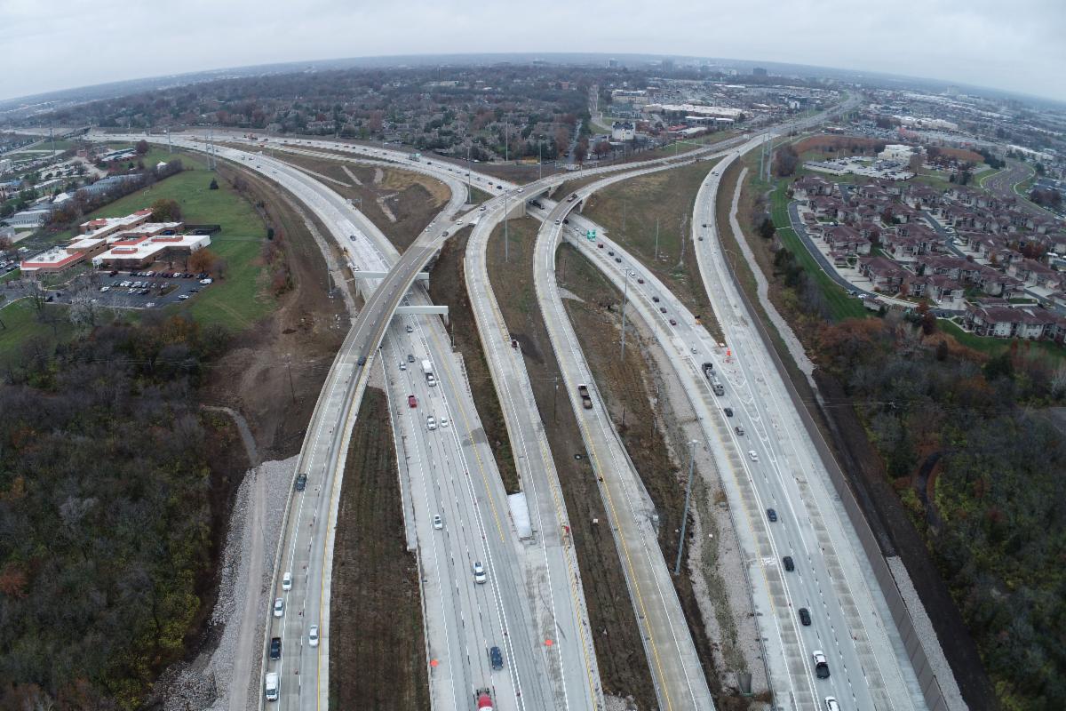 An aerial view of the U.S. 69 and Blue Valley Parkway interchange in December 2025.