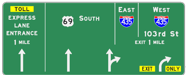 Overhead signage on southbound U.S. 69 identifies upcoming interchanges and express lane entrance.