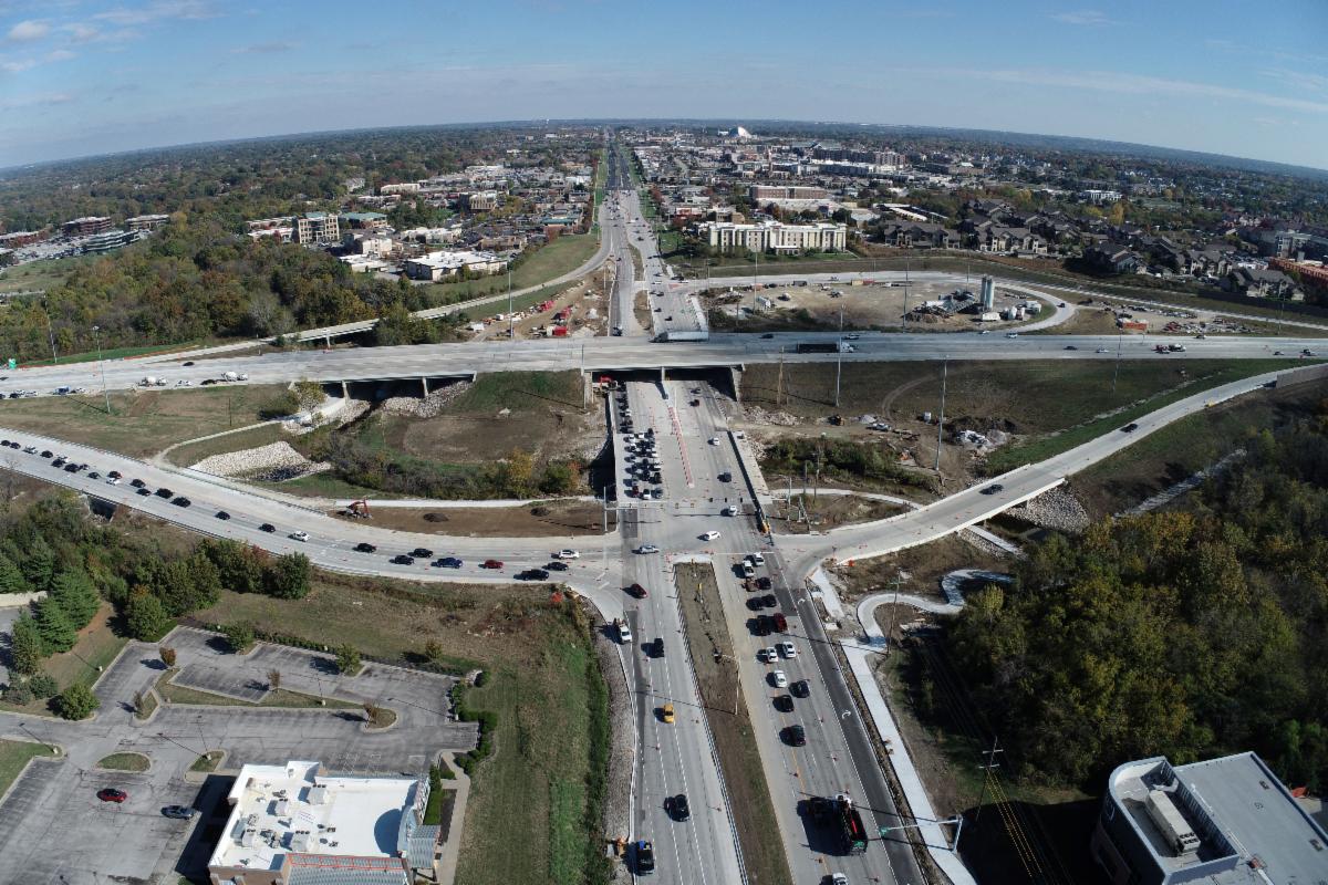 Newly paved trails are visible in this east-facing aerial view of updates at the 135th Street and U.S. 69 interchange. 