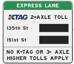 Express lane signage will display the KTAG toll rate for using the express lane for a partial trip (southbound 103rd Street to Blue Valley Parkway or 135th Street, northbound 151st Street to Blue Valley Parkway) and the entire length of the express lane (103rd Street to 151st Street).