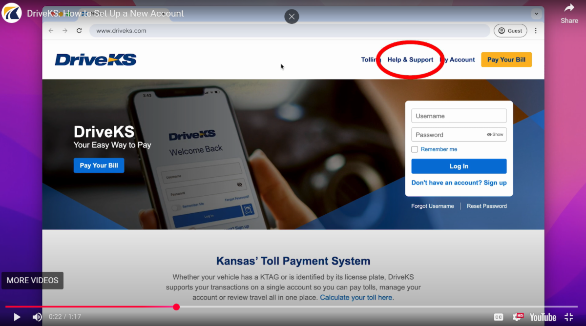 Screenshot of DriveKS video on how to set up an account