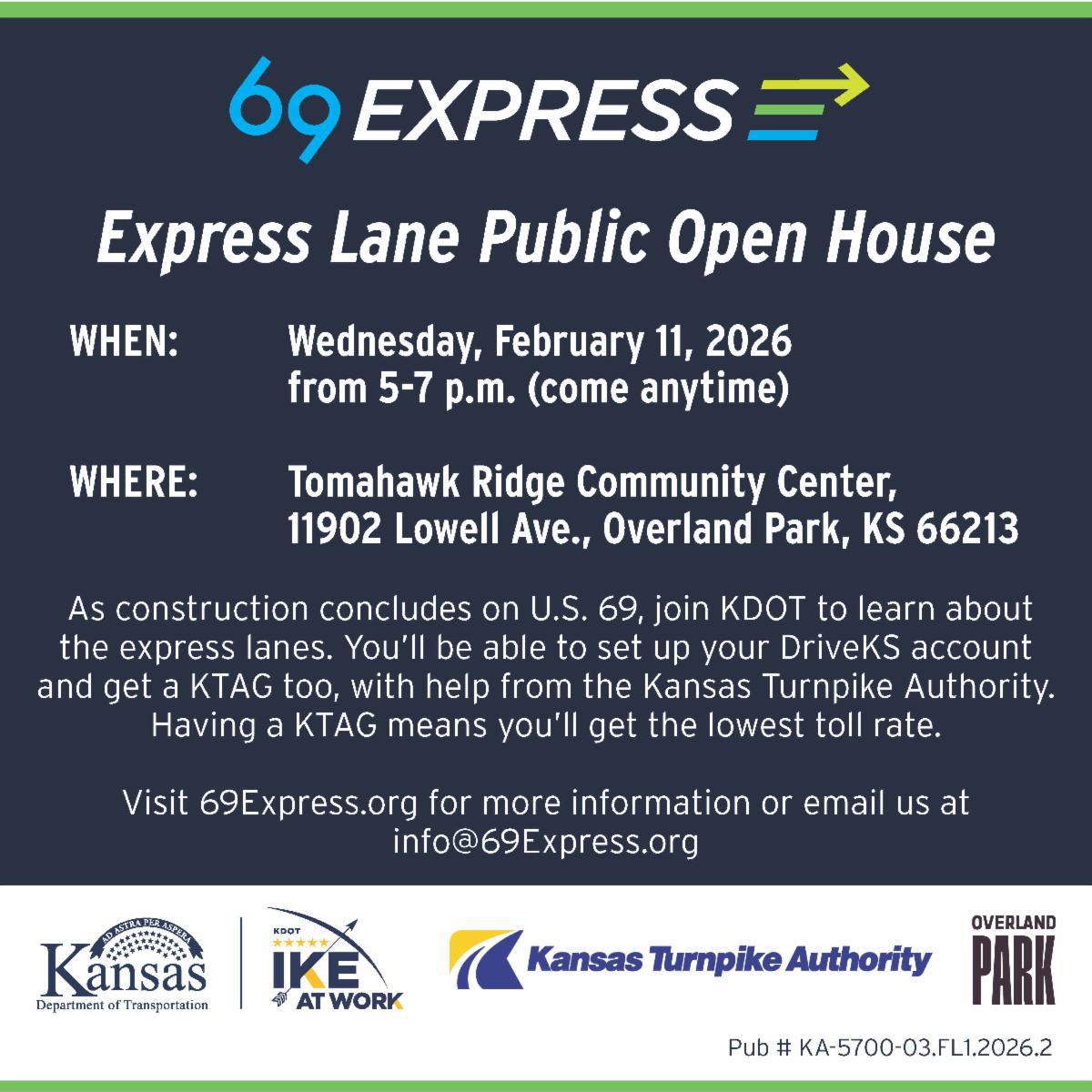 An invitation to the upcoming Public Open House on Thursday, Feb. 11, from 5-7 p.m. at Tomahawk Ridge Community Center, 11902 Lowell Ave., Overland Park, Kan. 66213.