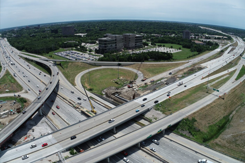 Aerial photo shows U.S. 69 at I-435 facing southeast