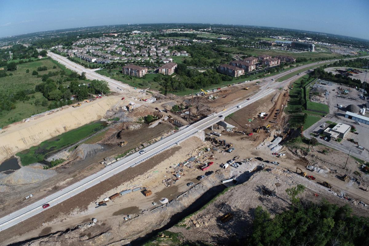 Aerial view of construction at 167th Street and U.S. 69 in August 2025.