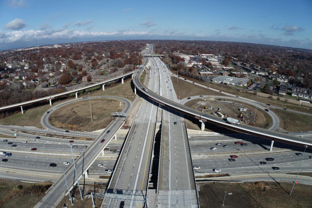An aerial view of the U.S. 69 and I-435 interchange in December 2025.