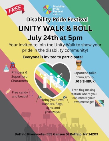 An image of a Facebook post by Disability Pride of WNY featuring a colorful flyer for the Disability Pride Festival Unity Walk & Roll.