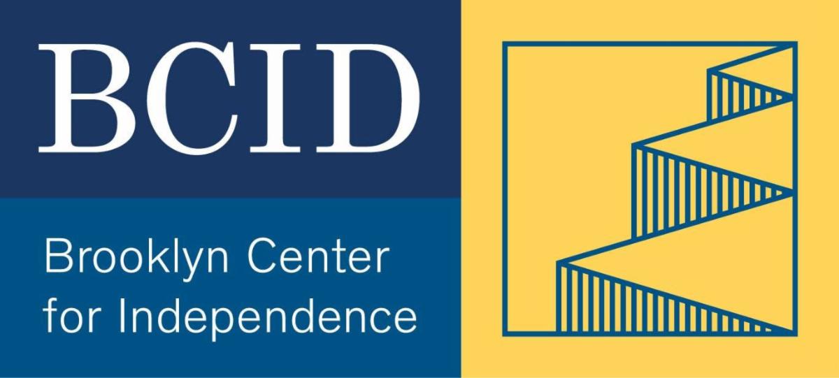 Brooklyn Center for Independence (BCID) logo featuring the organization’s name in white on blue alongside a yellow panel with a stylized blue accessibility ramp.