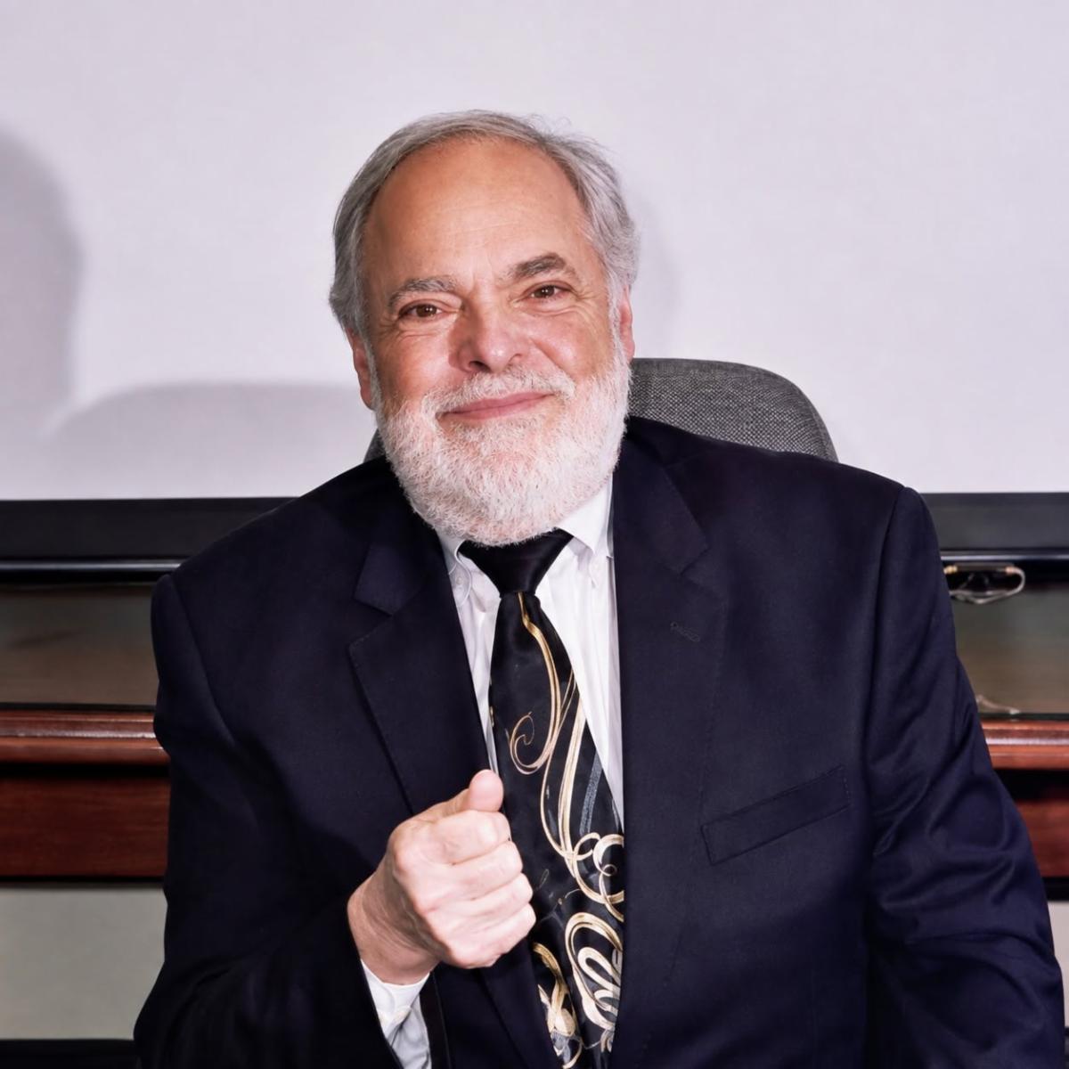 Portrait of Mel Tanzma with bushy beard wearing Black suit jacket and matching tie