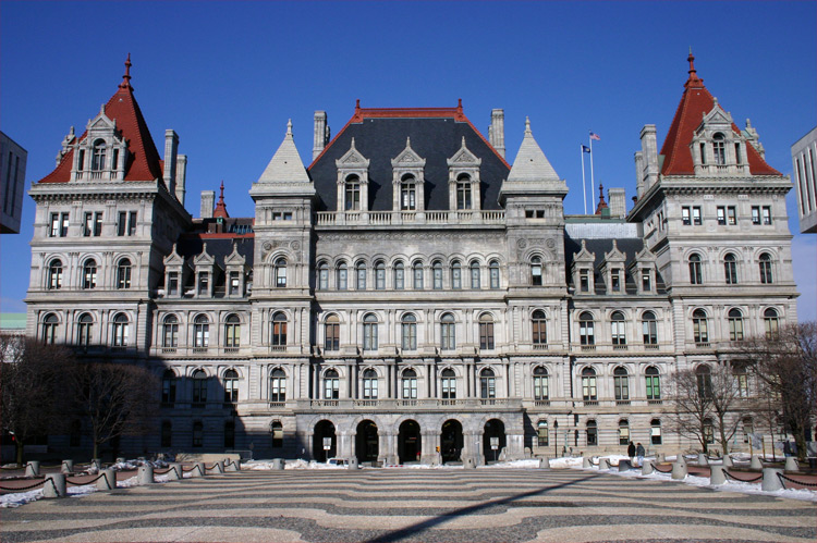 A picture of the south side of the New York State Capitol building as seen from Empire State Plaza.