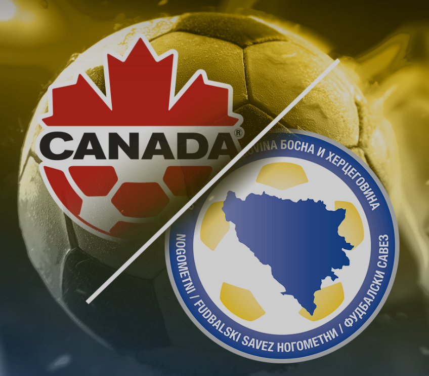 Promotional graphic for a FIFA World Cup match between Canada and Bosnia and Herzegovina, featuring both national team logos displayed over a soccer ball background.