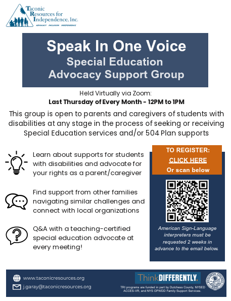 Flyer for "Speak In One Voice Special Education Advocacy Support Group" with meeting details and registration information.