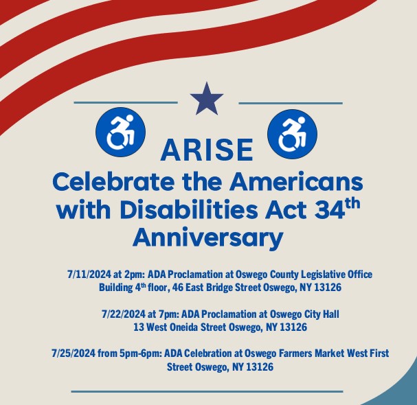 Square image with Red, tan, and blue theme. Centered on the image it says ARISE Celebrate the American with Disabilities Act 34th Anniversary.