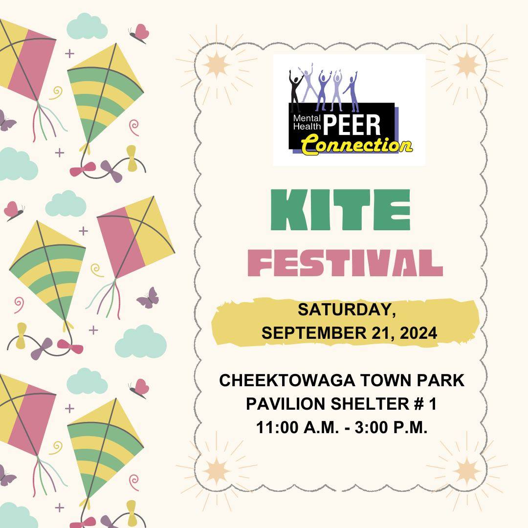 Beige background with kites and the Mental Health Peer Connection logo promoting the date, date, time and location of the Kite Festival.