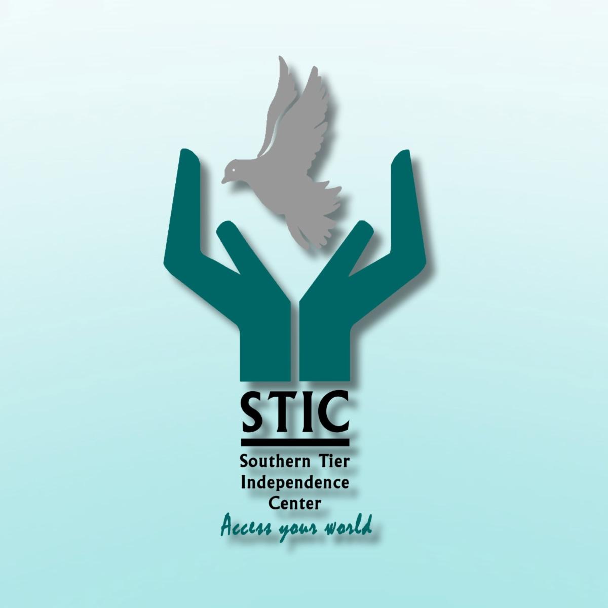 Southern Tier Independence Center (STIC) logo featuring two teal hands releasing a gray dove, with the words “Southern Tier Independence Center” and the tagline “Access your world.