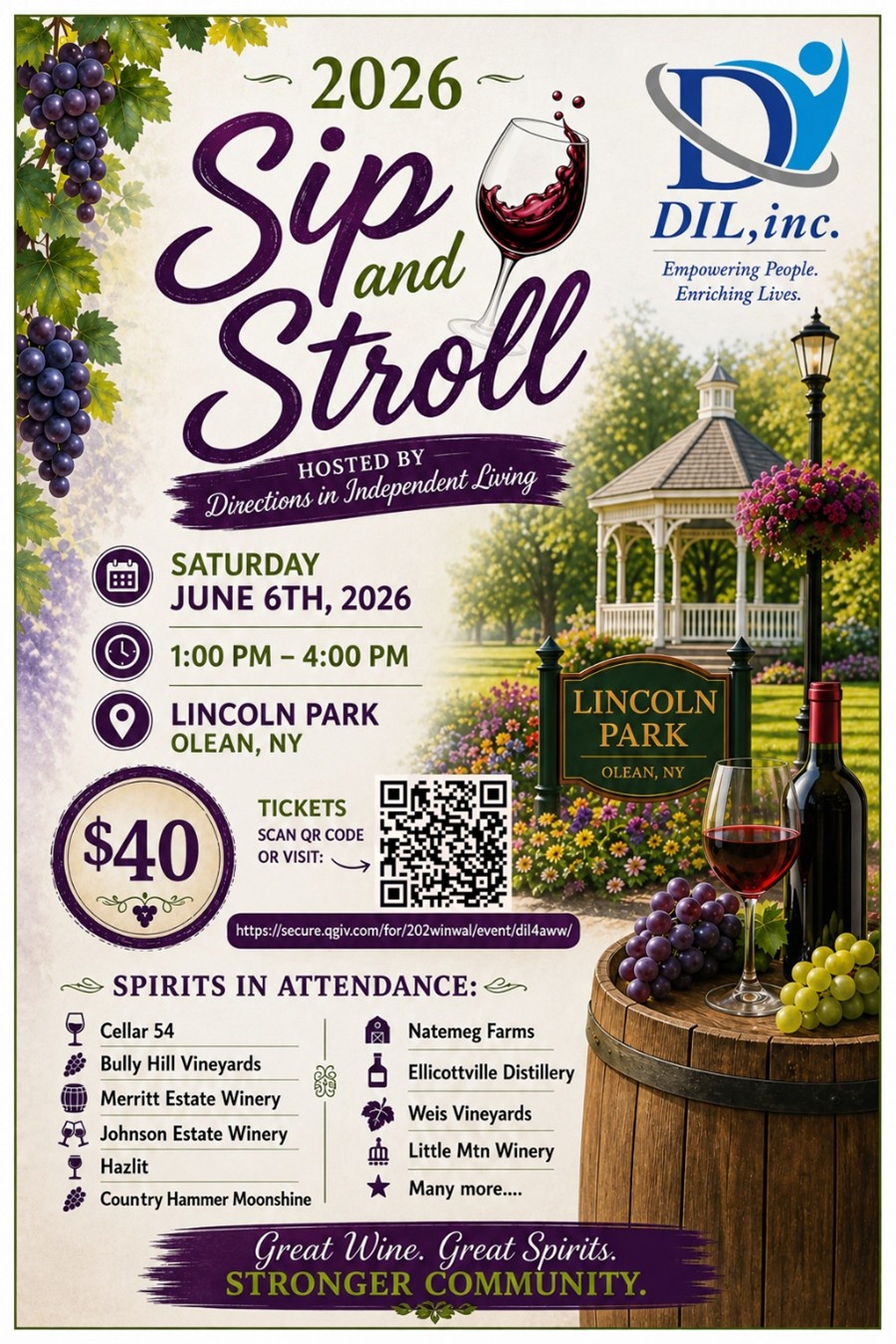 Event flyer for the "2026 Sip and Stroll," hosted by Directions in Independent Living (DIL, inc.) on Saturday, June 6th, 2026, from 1:00 PM to 4:00 PM at Lincoln Park in Olean, NY.