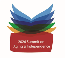 Logo featuring a stylized emblem of layered, curved shapes resembling spreading wings or a blooming flower in light blue, dark blue, green, and orange. Below the graphic is a solid red rectangular block containing the text "2026 Summit on Aging & Independence" in white font